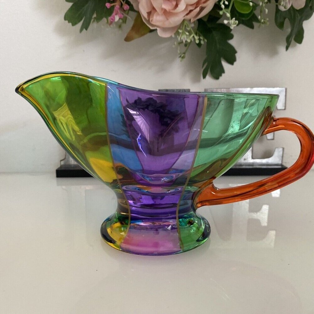 VTG Multi Color Hand Painted Color Block Festival Glass Cream Pitcher Gravy Boat